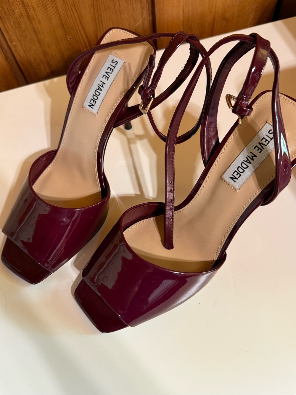 Steve Madden Burgundy Patent Strappy Square-Toe Heels